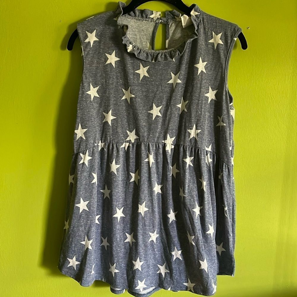 7th Ray Heather Blue With White Stars Sleeveless Babydoll Top Shirt Size L